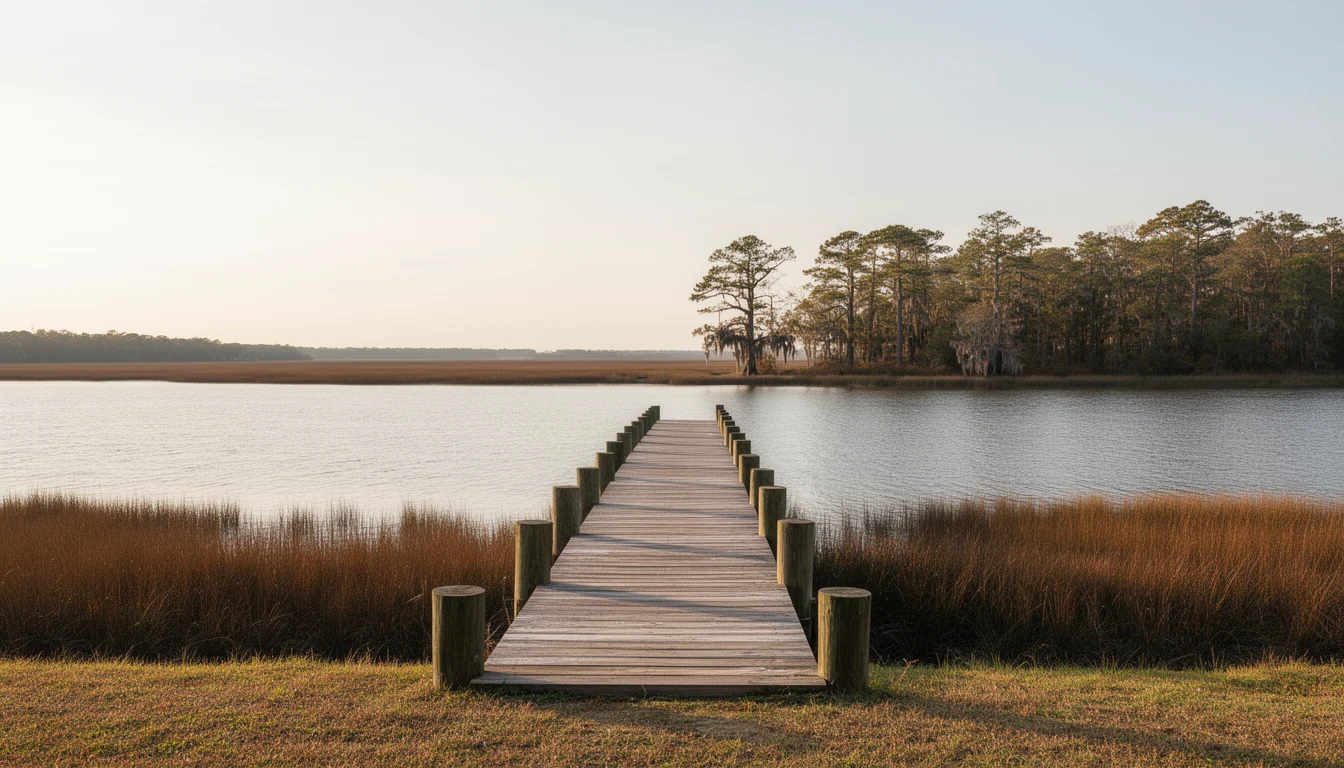 Waterfront houses and pilings along the Pasquotank River near the Riverside district in Elizabeth City, North Carolina