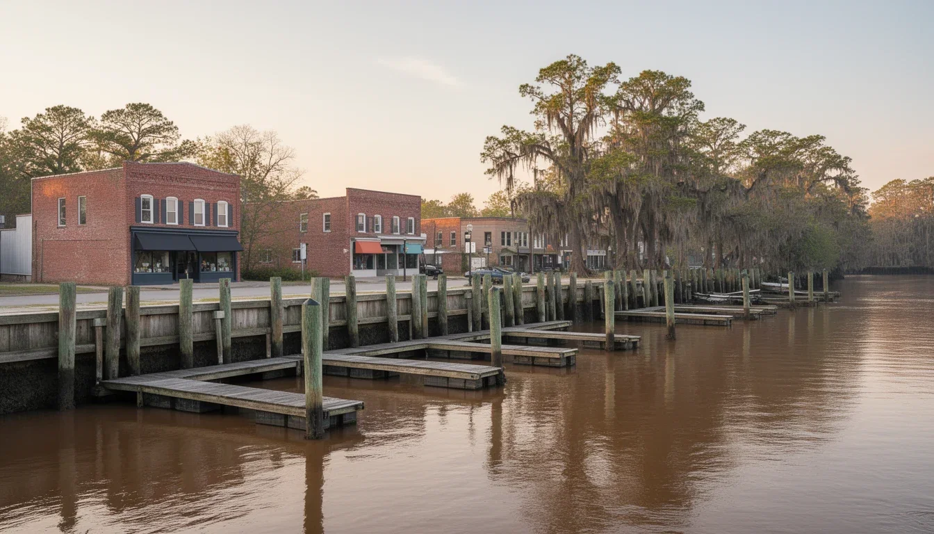 Boat slips and pilings along the Pasquotank River waterfront in downtown Elizabeth City, North Carolina