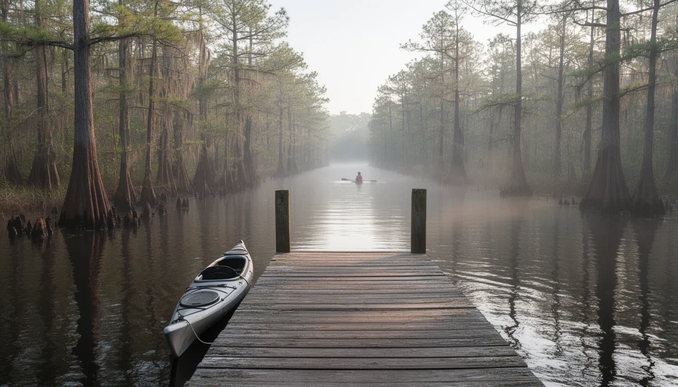 Wooden dock and kayak on the tea-dark water of the Dismal Swamp Canal near South Mills, North Carolina