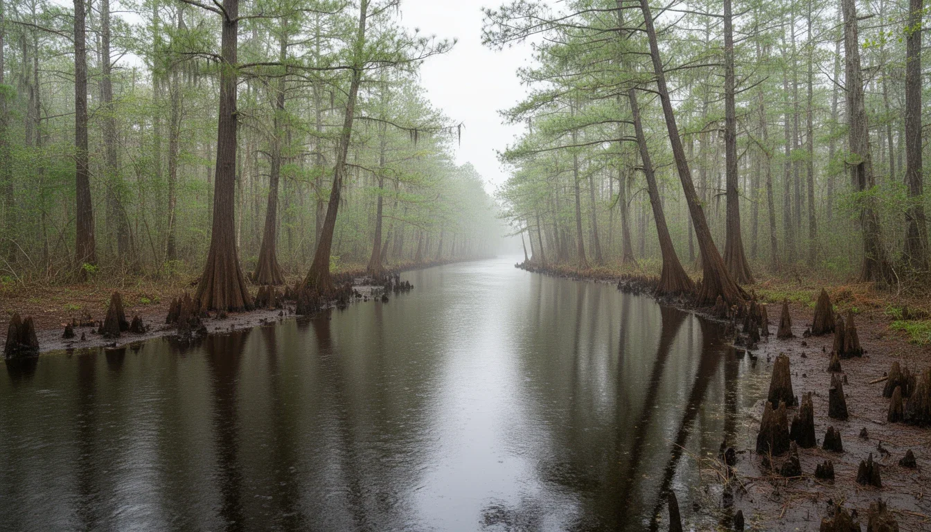 Tea-dark water of the Dismal Swamp Canal lined with bald cypress near South Mills, North Carolina