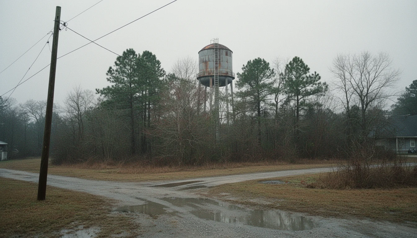 A weathered water tower behind a treeline at the edge of a small eastern North Carolina town, with a leaning utility pole in the foreground