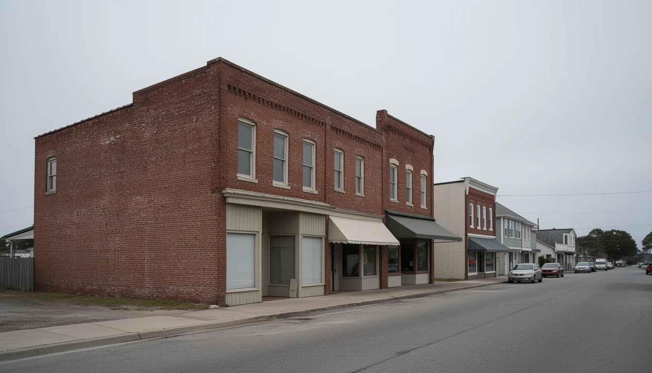 Brick storefronts along the main street of a coastal North Carolina town under a wide grey sky