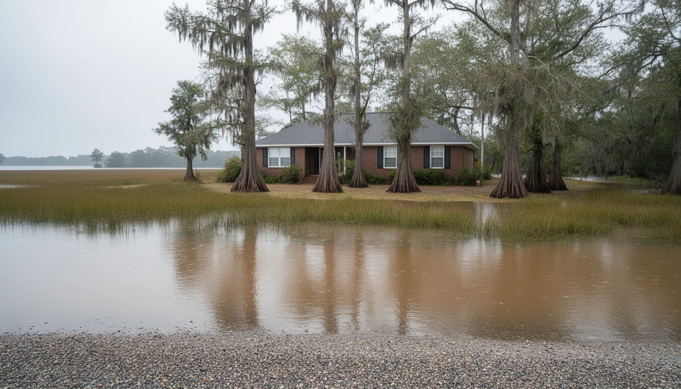 Floodwater at the edge of a creek bank near Elizabeth City, with a brick house on higher ground behind cypress trees