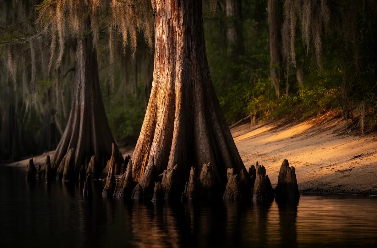 Bald cypress trees and cypress knees along a firm sandy bank of the Pasquotank watershed