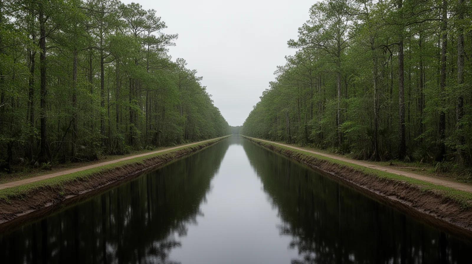The Dismal Swamp Canal, a straight hand-dug waterway running through dense swamp forest