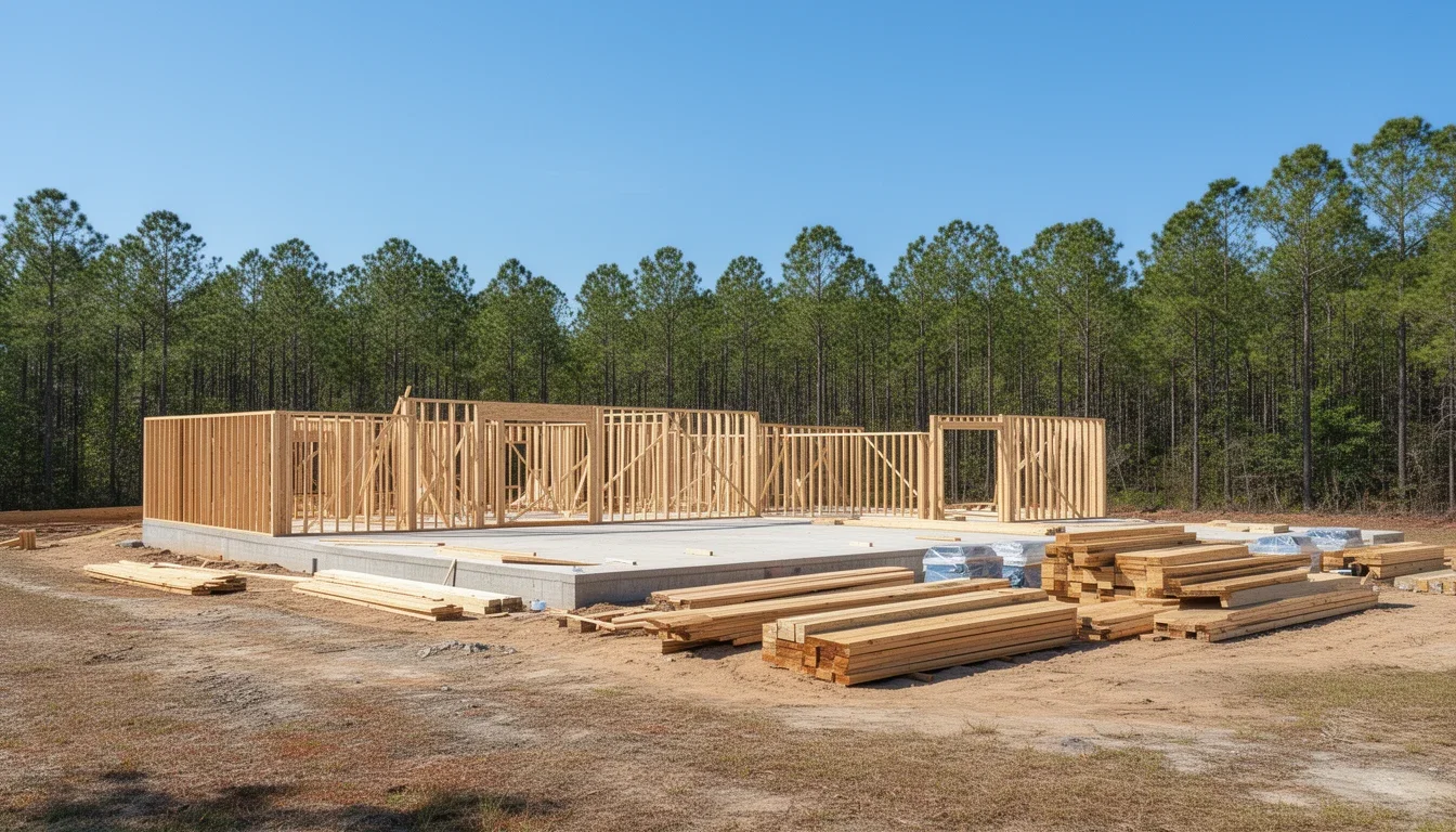 Wood wall framing rising from a concrete slab foundation for a new house in Pasquotank County near Elizabeth City, with a pine tree line behind