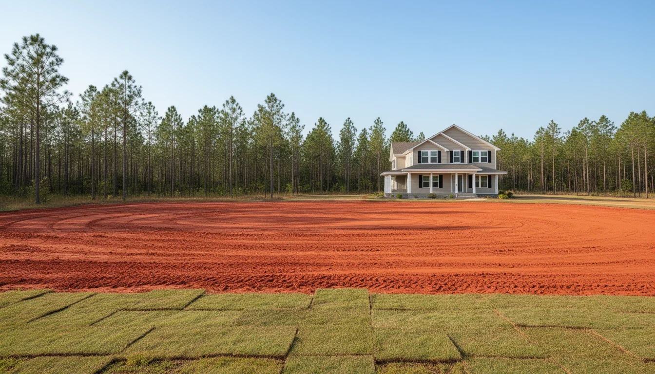 New construction home on a graded lot near Elizabeth City with the Pasquotank River flatlands behind it