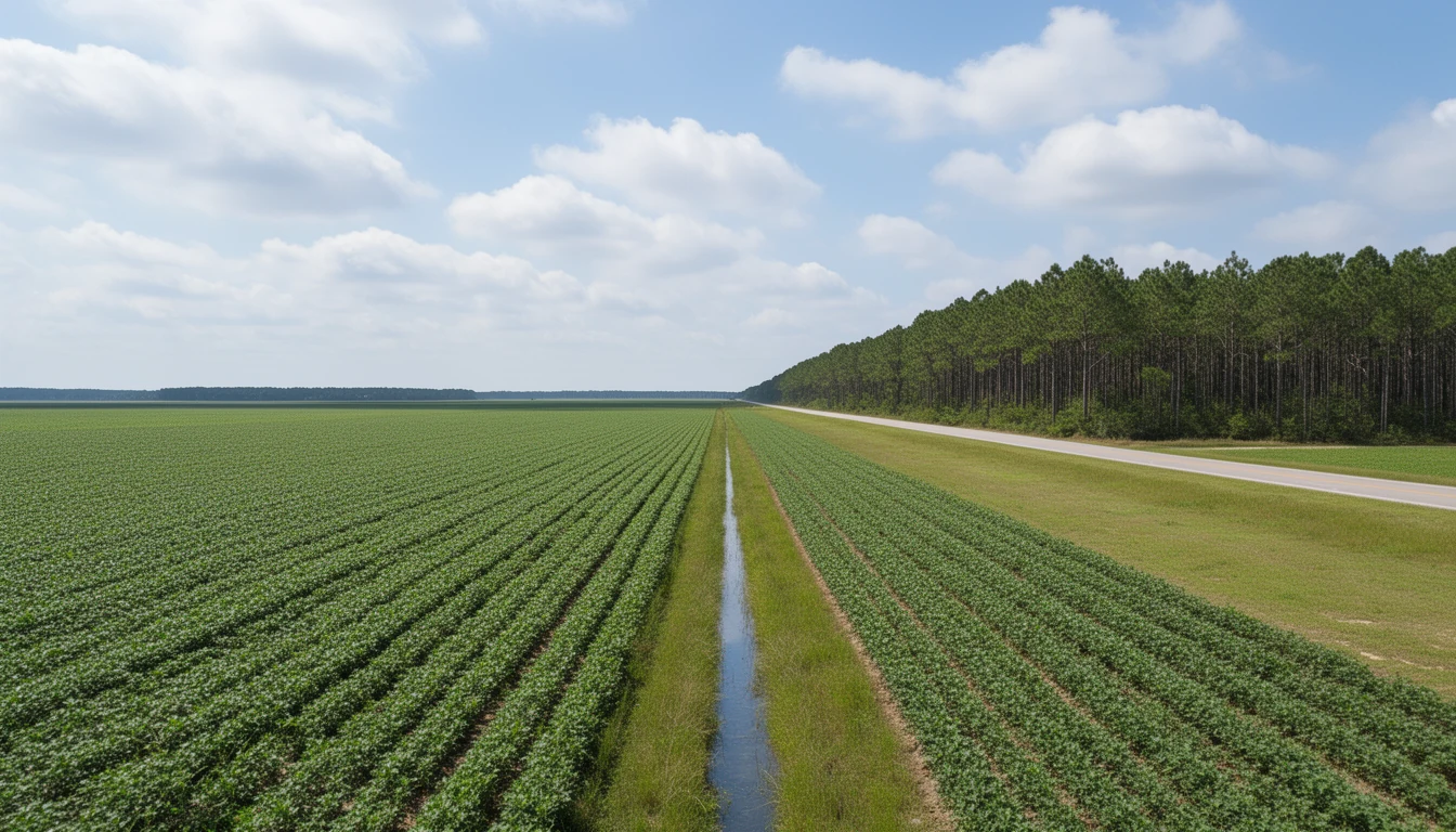 Working farmland in Pasquotank County, North Carolina, with a loblolly pine tree line and a wide flat coastal plain sky